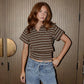 Casual Brown Striped Tops Short Sleeve V Neck T Shirt 2026 Summer Women Vintage Style Clothing