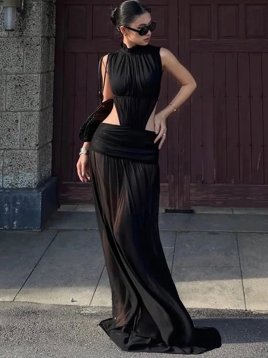 High Waist Maxi Dress Woman Sexy See Through Stand Collar Lace-Up Backless Robe Prom Party Ruched Chic Elegant Vestidos