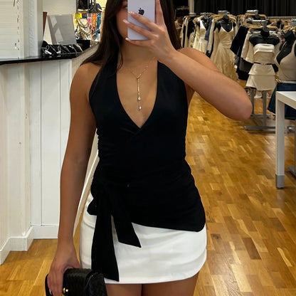 Womens V Neck Halter Top Solid Color Tie Wrap Sleeveless Backless Slim Blouse Sexy Summer Casual Tank Top for Club Party
