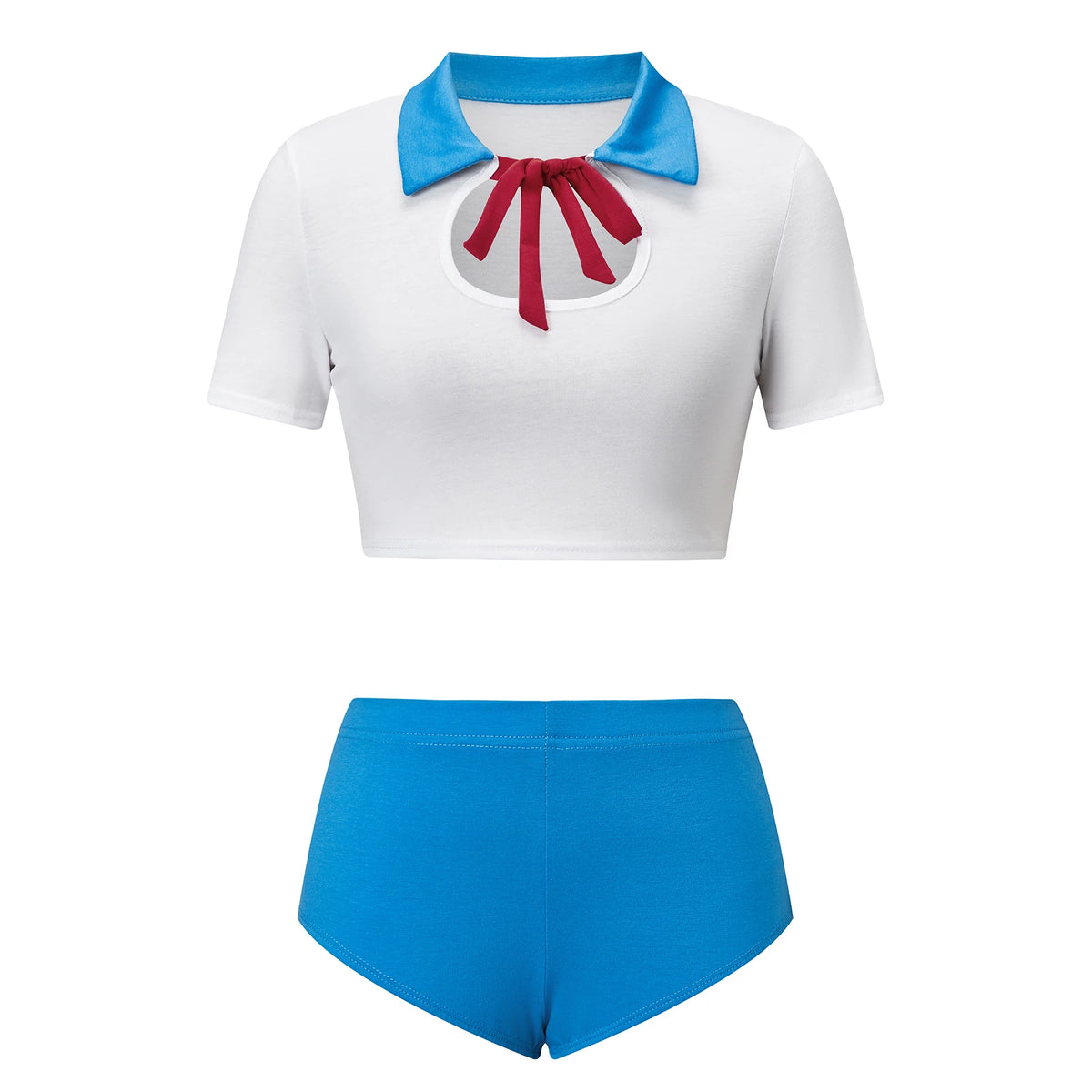 Women Schoolgirl Cosplay Two Piece Outfit Lapel Bow Keyhole Crop Top High Waist Shorts Role Play Lingerie Set