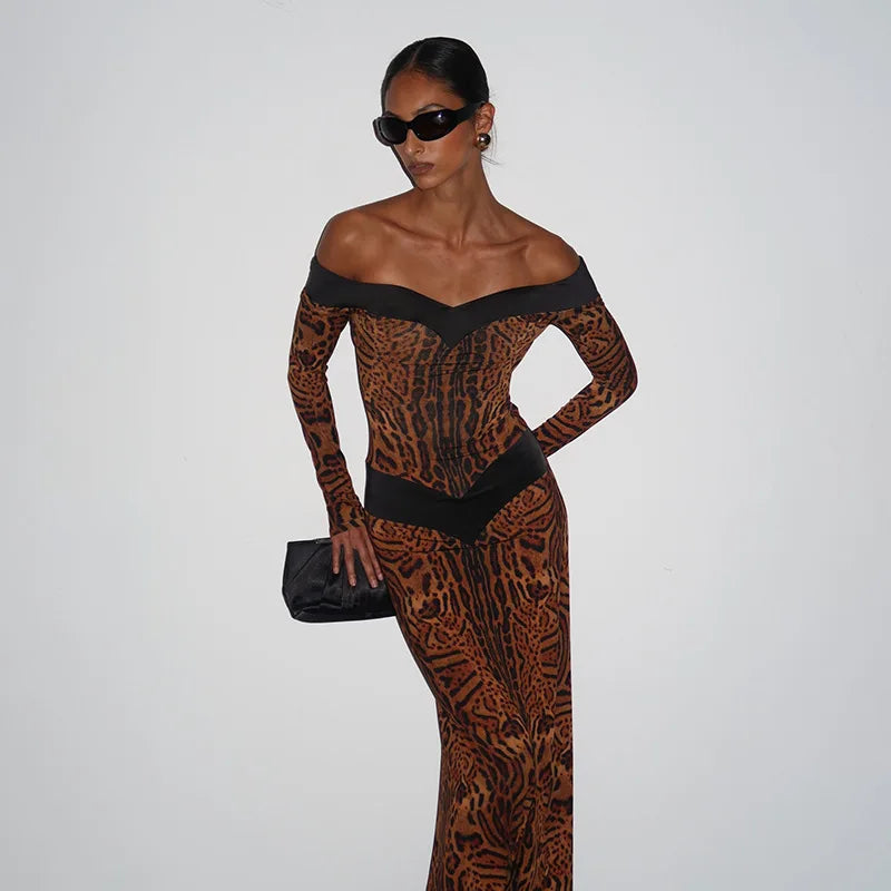 Leopard Print Long Sleeve Gown Off Shoulder Backless Maxi Dresses for Woman Elegant Sexy Party Dress Fall 2026