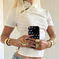 Women White Cheongsam Style Top Short Sleeve Stand Collar Frog Button Blouse Fitted Jacquard Crop Top with Side Slits