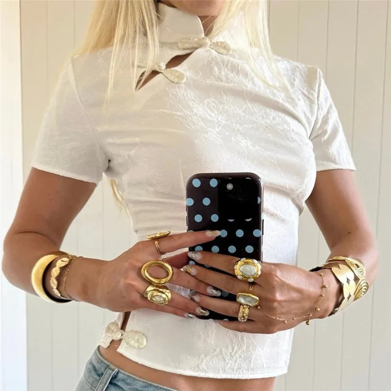 Women White Cheongsam Style Top Short Sleeve Stand Collar Frog Button Blouse Fitted Jacquard Crop Top with Side Slits