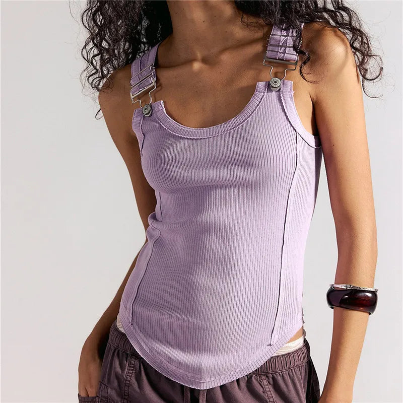 Women's Ribbed Tank Top Adjustable Buckle Strap Sleeveless Cami Top Exposed Seam Curved Hem Slim Fit Y2K Streetwear