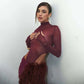 See Through Mesh Dress Suits for Woman Club Outfits Turtleneck Long Sleeve Bodysuit Top Furry Split Long Skirt