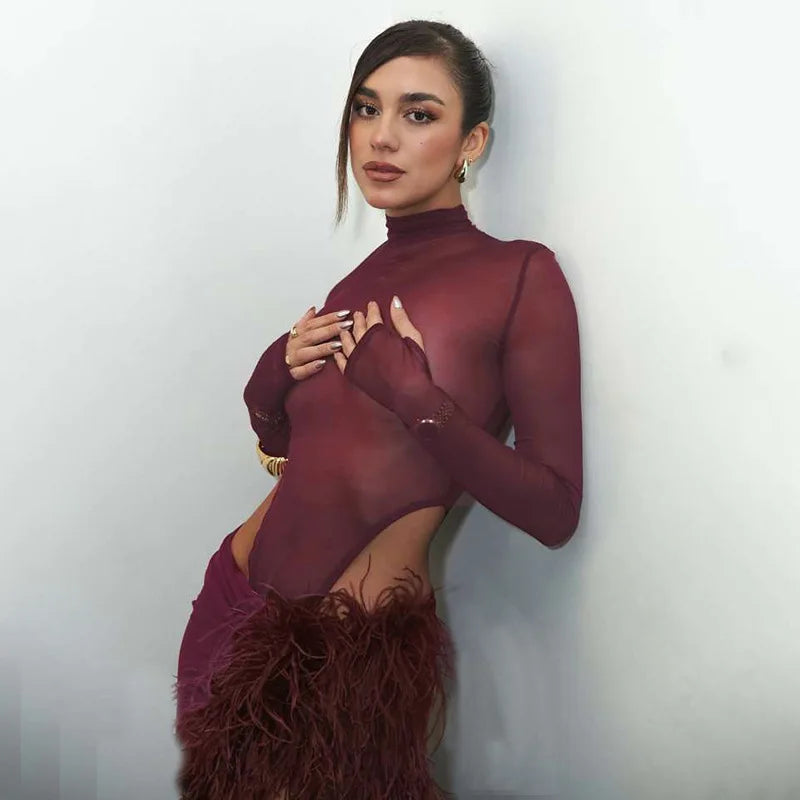 See Through Mesh Dress Suits for Woman Club Outfits Turtleneck Long Sleeve Bodysuit Top Furry Split Long Skirt