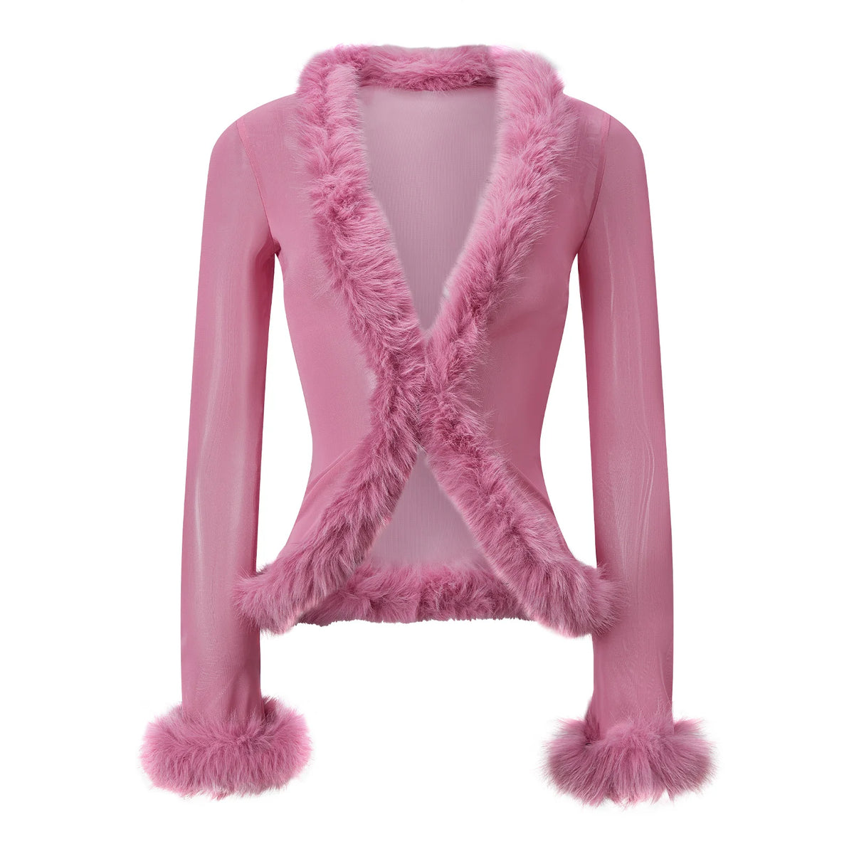 Women Y2K Faux Fur Trim Mesh Cardigan Long Sleeve V Neck Open Front Cropped Sheer Jacket Club Party Outerwear Tops