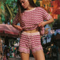 Women Boho Knit Striped Short Sleeve Eyelet Embroidered Hollowed Crop Top and Drawstring Micro Shorts 2 Pcs Matching Set