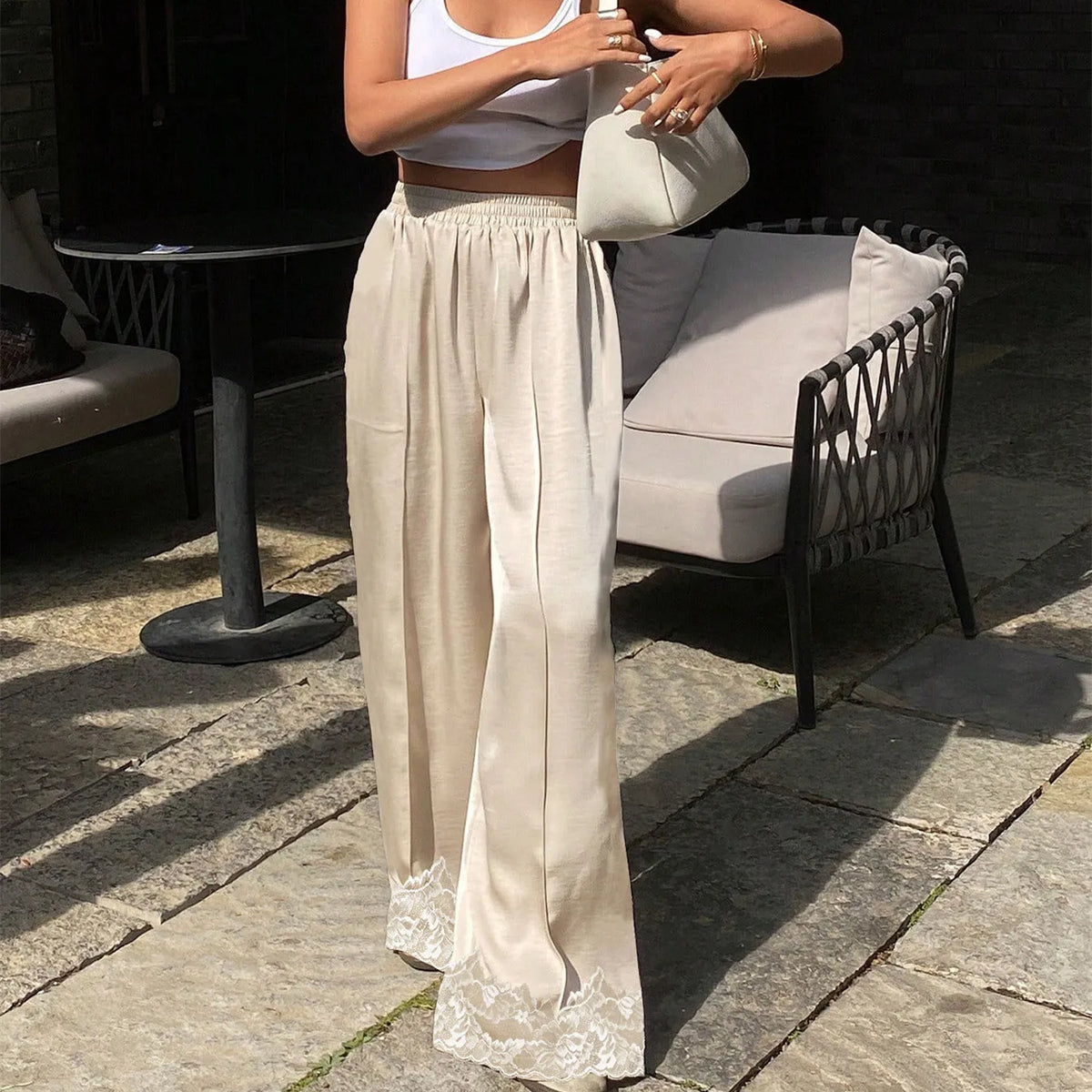 Women Satin Silk Lace Trim Pants Y2k High Street Elastic Waist Wide Leg Pj Lounge Boxer Bottoms Trendy Causal Trousers