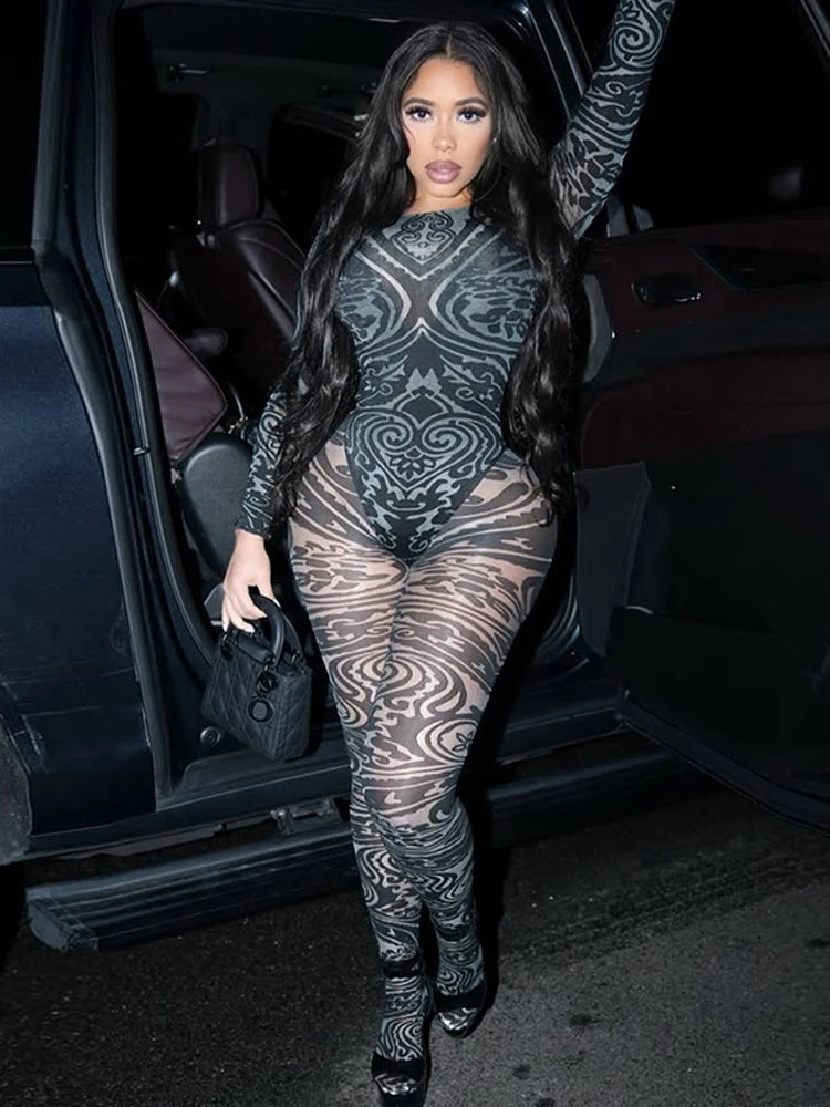 Sexy Women 2 Piece Set See Through Coquette Stretch Fall Hipster Bodysuit+Tight Leggings Matching Midnight Clubwear