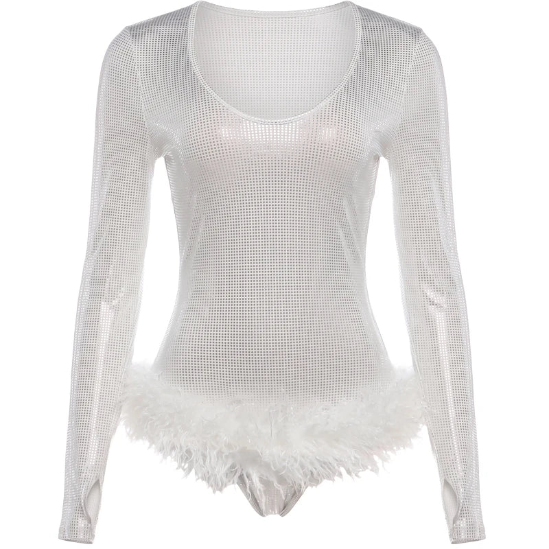 Low-Neck Full Sleeve Furry Patchwork Bodysuit Woman Autumn Trend Shiny Sequins Skinny Stretch Sexy Fashion Streetwear