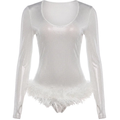Low-Neck Full Sleeve Furry Patchwork Bodysuit Woman Autumn Trend Shiny Sequins Skinny Stretch Sexy Fashion Streetwear