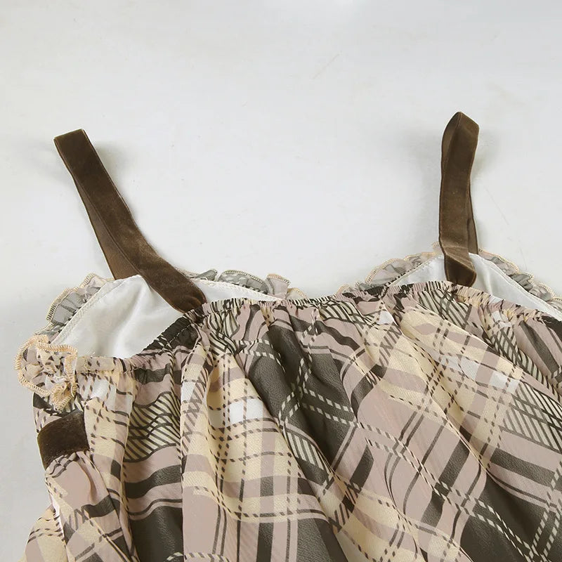 Brown Plaid Tank Tops for Women Gyaru Japanese 2000s Y2k Summer Bow Frill V Neck Backless Top Cute Clothing