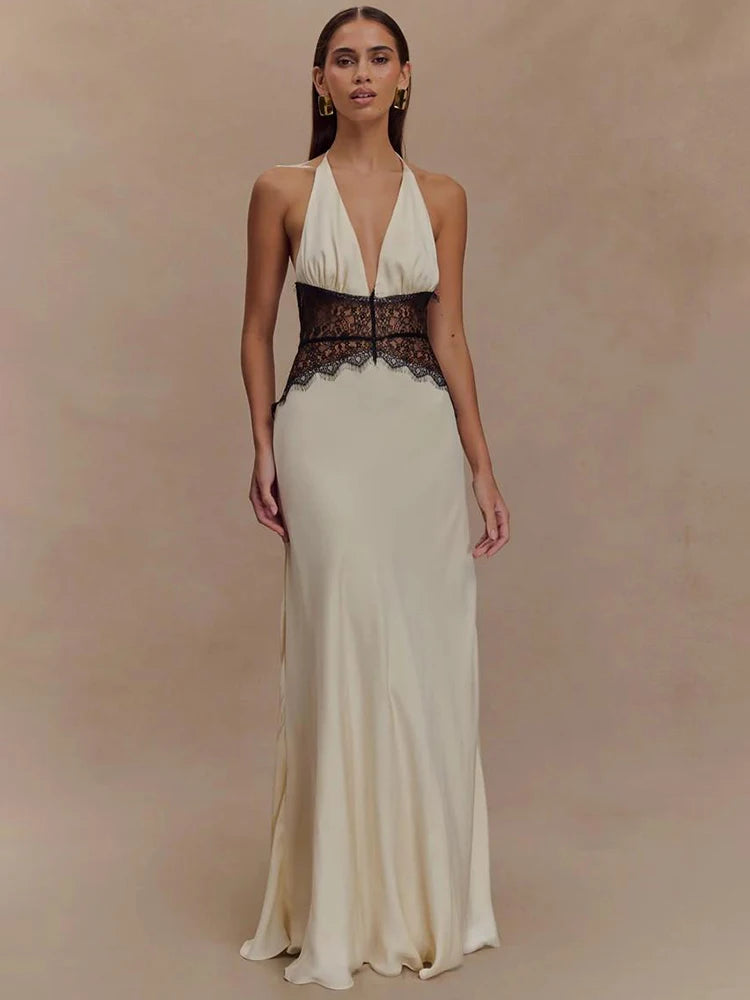 Summer Backless Sexy Maxi Dress Women Gown Patchwork Lace Halter Deep V Neck Sleeveless High Waist Elegant Long Dress