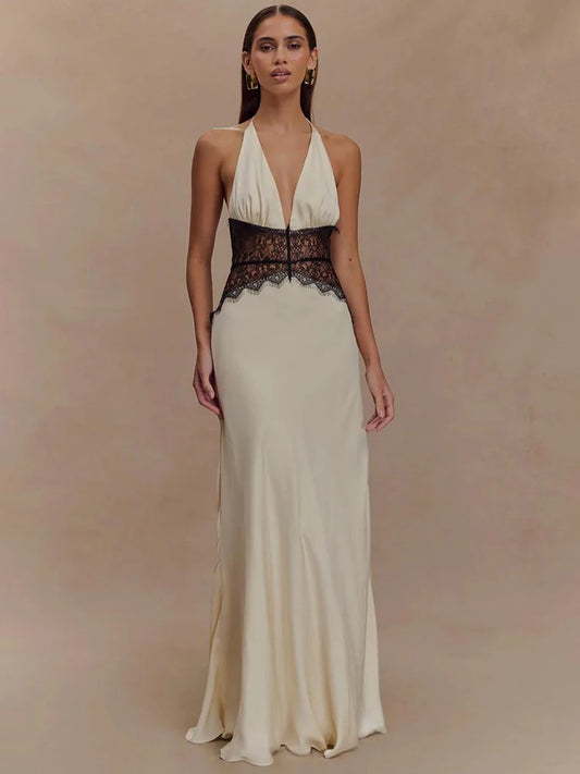 Summer Backless Sexy Maxi Dress Women Gown Patchwork Lace Halter Deep V Neck Sleeveless High Waist Elegant Long Dress