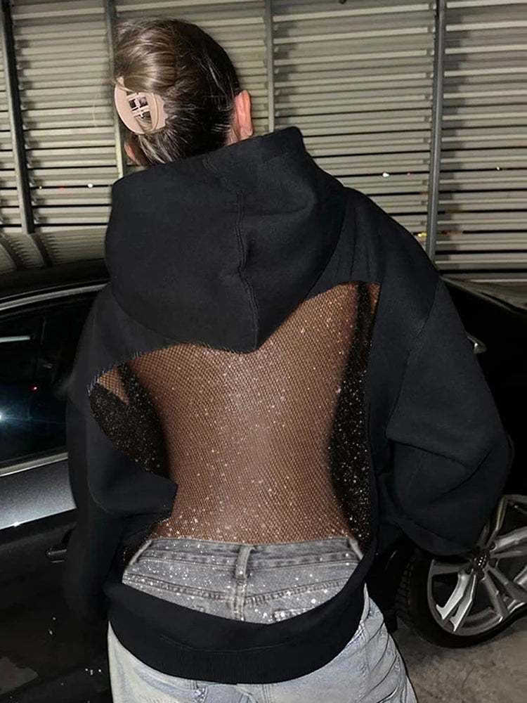 Loose Leisure Women Hoodie  Autumn Trend See Through Full Sleeve Patchwork Streetwear Classic Simple Hip Hop Style Tops