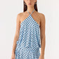 Polka Dot Backless Sexy Mini Dress Women Elegant Blue Halter Off-shoulder Sleeveless Ruched Club Party Dress Female