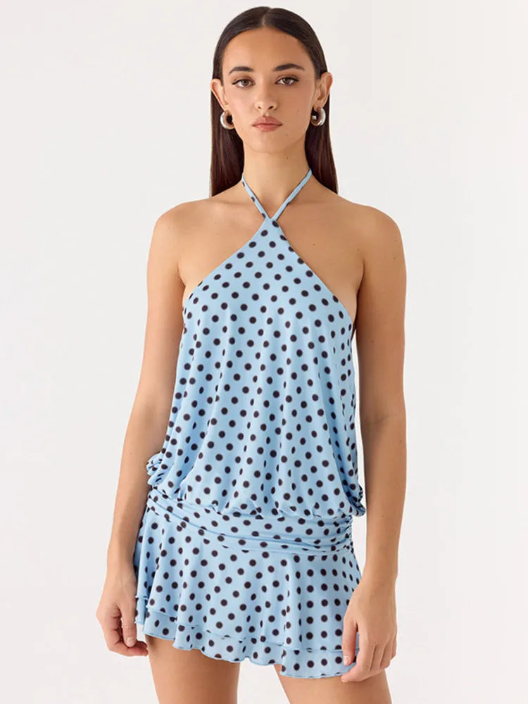 Polka Dot Backless Sexy Mini Dress Women Elegant Blue Halter Off-shoulder Sleeveless Ruched Club Party Dress Female