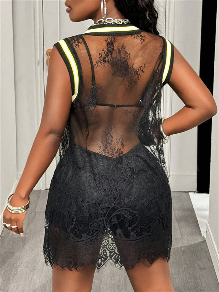 Mesh Patchwork Sexy Dress Women Contrast Number Print V-Neck Backless Sleeveless Sporty Style Fashion Mini Bodycon