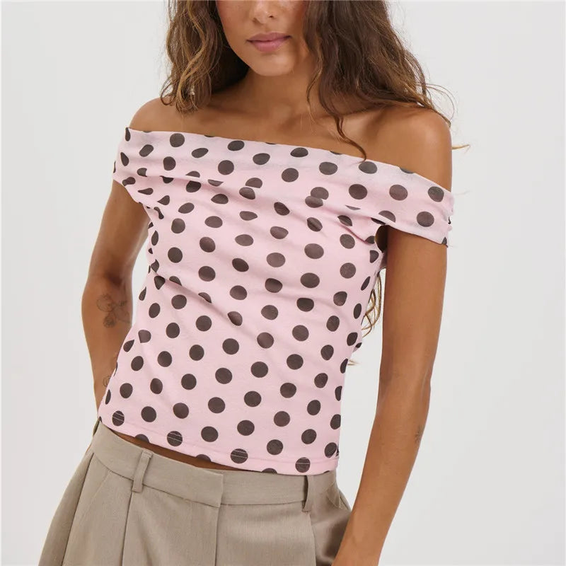 Women Pink Polka Dot Off Shoulder Top Short Sleeve Slim Fit Y2K Style T-Shirt Casual Summer Fitted Blouse Streetwear