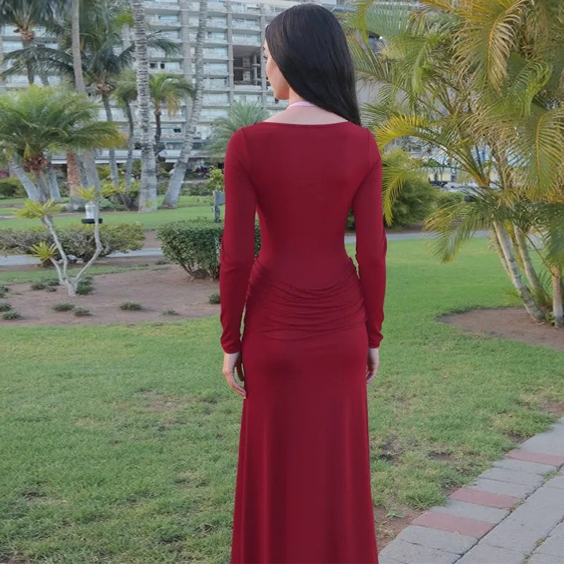 Mesh Splicing Long Sleeve Dresses for Woman Clothing Fall Sexy Party Maxi Dress Wedding Guest
