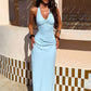 Women Halter V‑Neck Sexy Maxi Dress Lace Spliced Twisted Front Ruched Long Dress Elegant Evening Party Prom Dresses