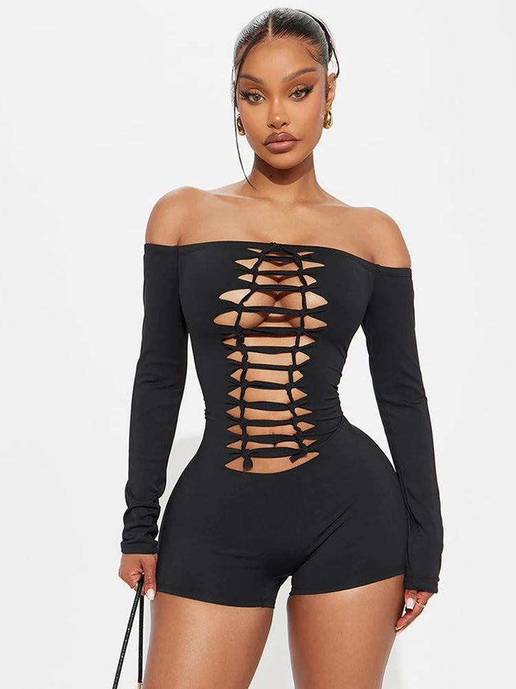Sexy Hollow Knot Playsuits Women Fall Slash Neck Long Sleeve Stretch Coquette Midnight Party Clubwear Skinny Romper