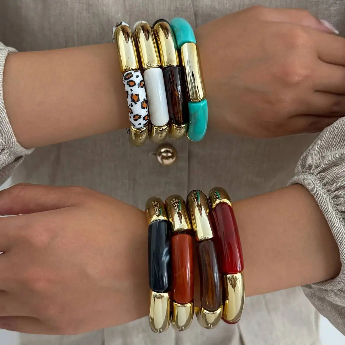 8 Styles Vintage Resin Round Tube Elastic Bracelet for Women Bohemian Stackable Acrylic Bracelet Bangle Party Jewelry New