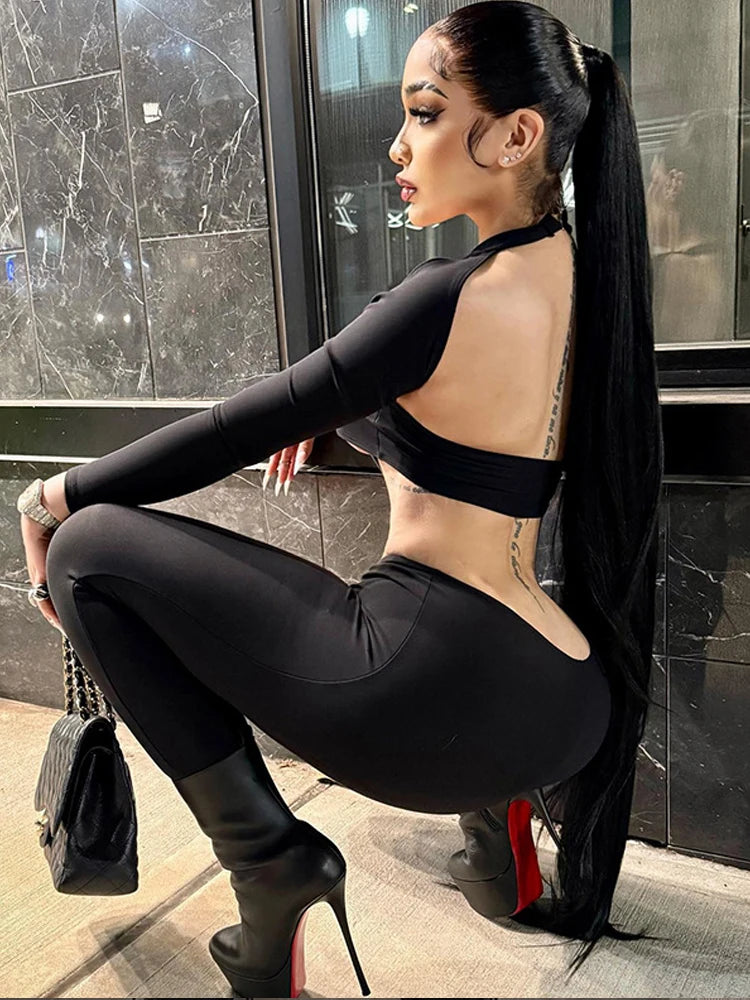 Sexy Halter Backless Jumpsuit Women Y2K Long Sleeve Hollow Midnight Street Workout Activity Stretch Fitness Overalls