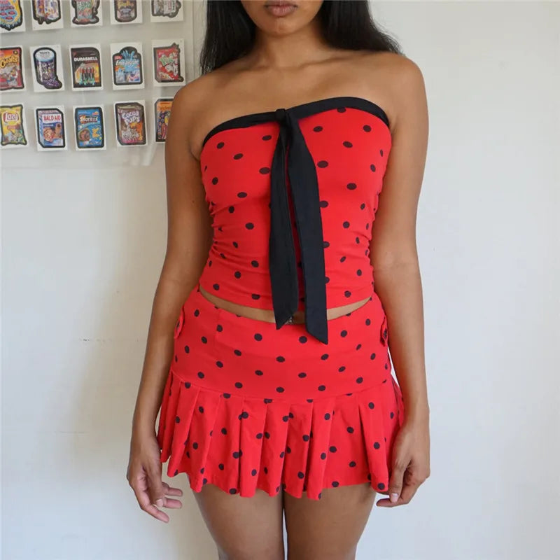 Y2K Retro Polka Dot Two Piece Outfit Women Strapless Bow Tube Top Pleated Mini Skirt Cute Streetwear Party Matching Set