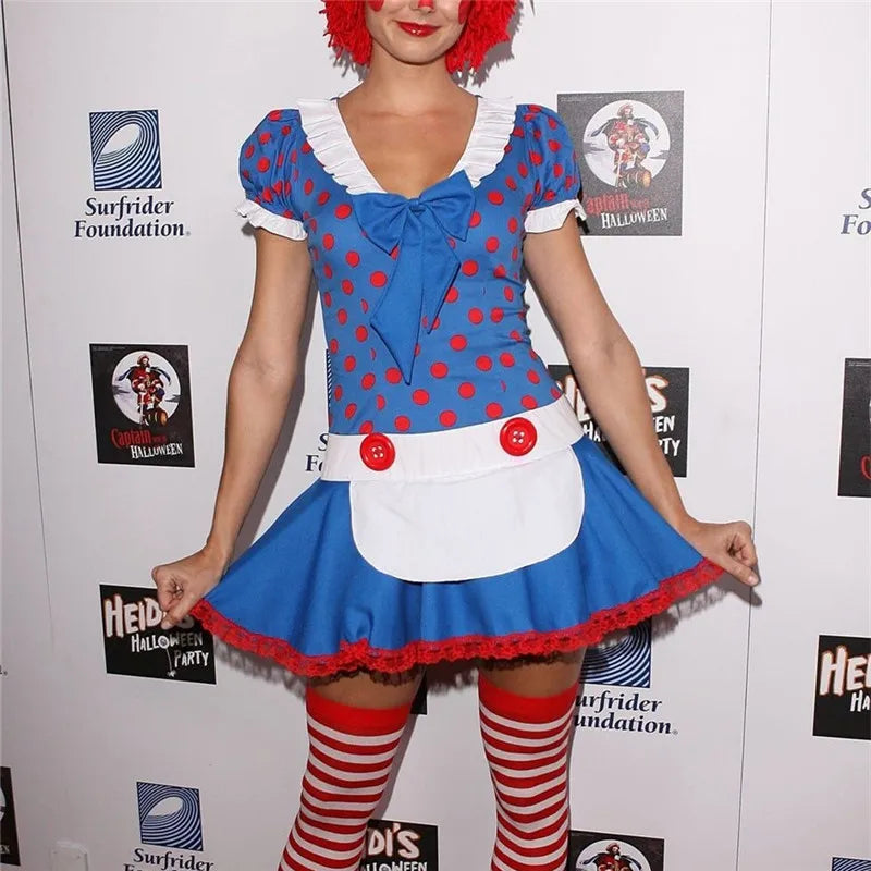 Women Polka Dot Ragdoll Cosplay Outfit Short Dress with Matching Hat and Striped Stockings Party Maid Costume
