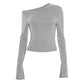 One Shoulder Slit Long Sleeve Tee Shirts Ladies Casual Grey Tops Woman's Clothes Fall