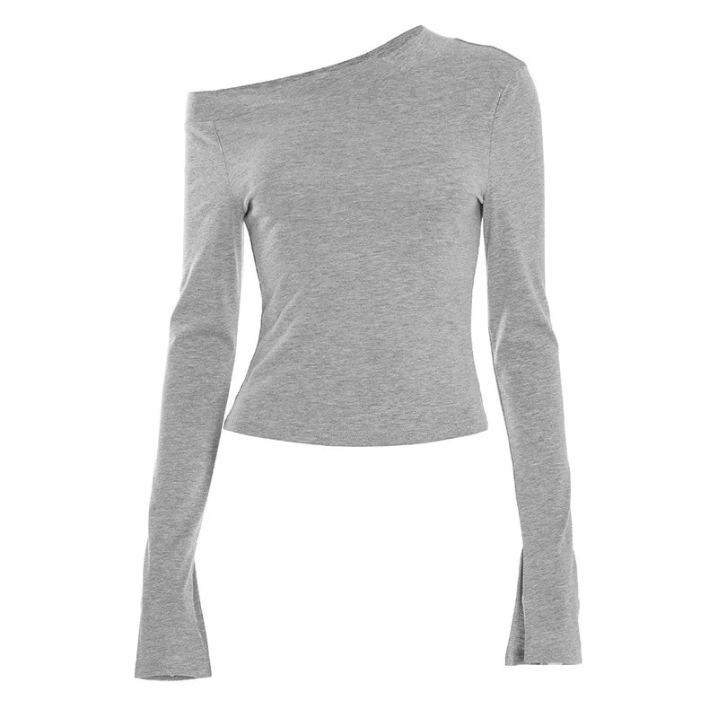 One Shoulder Slit Long Sleeve Tee Shirts Ladies Casual Grey Tops Woman's Clothes Fall