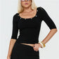 Y2K Women Low U Neck Mid Sleeve Top Decor Buttons Detail Stretchy Bodycon Cropped Tshirt Trendy Going Out Tee