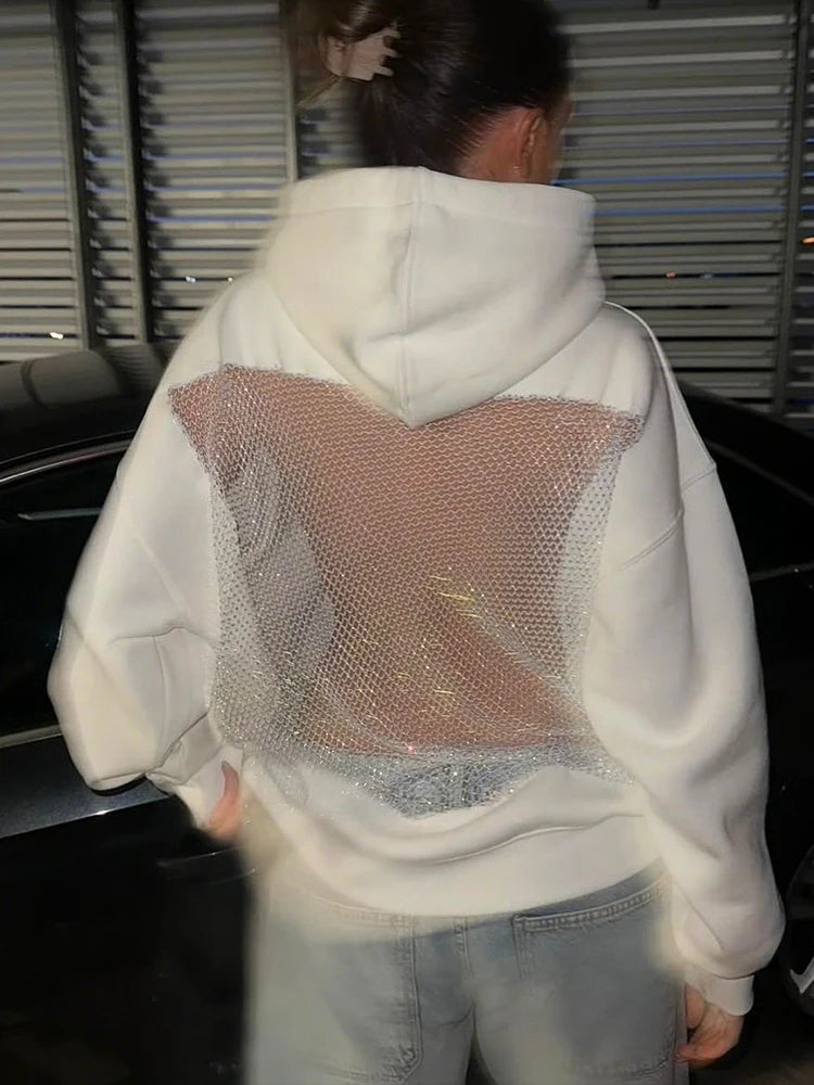 Harajuku Hooded Sweatshirt Women Autumn Trend Backless Glitter Mesh Patchwork Casual Streetwear Hipster Pulloverr