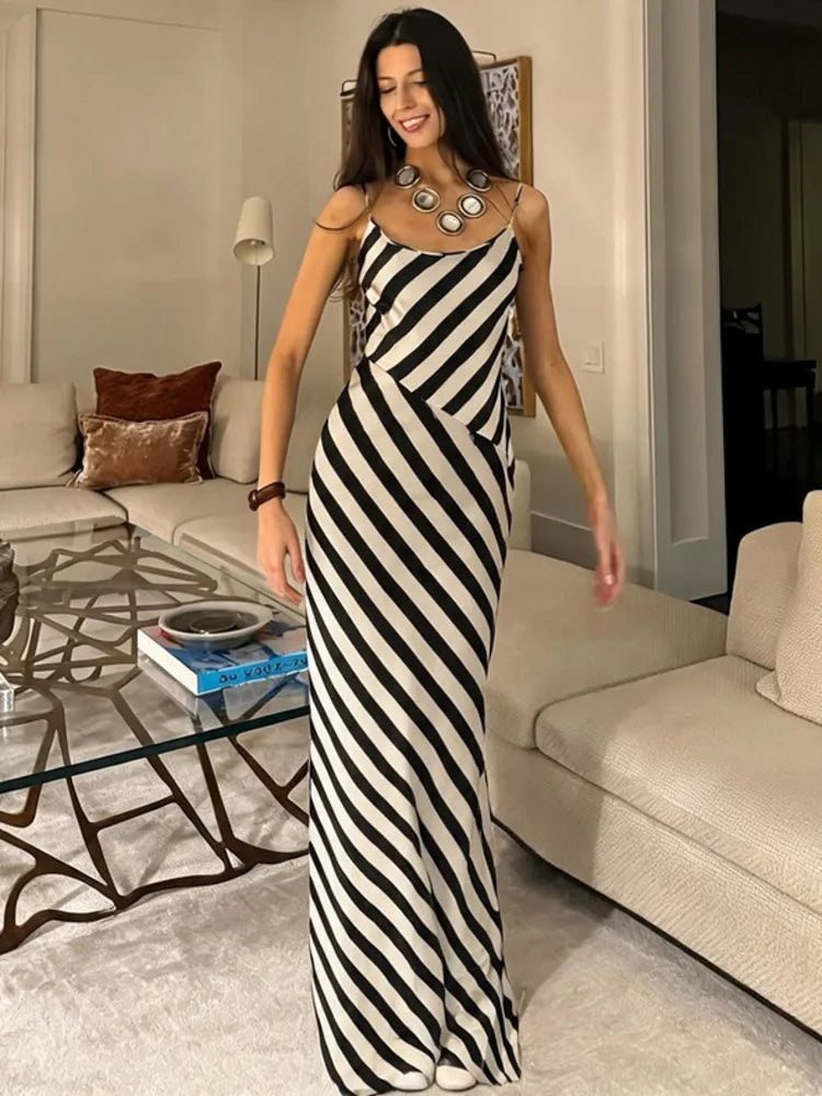 Women Black White Stripe Sexy Maxi Dress Spaghetti Strap Backless Bodycon Long Dress Elegant Evening Party Dresses