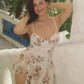 Irregular Ruffles Hem Dress Women Floral Print v-Neck Sleeveless Patchwork Lace Skinny Sweet Style Summer Bodycon