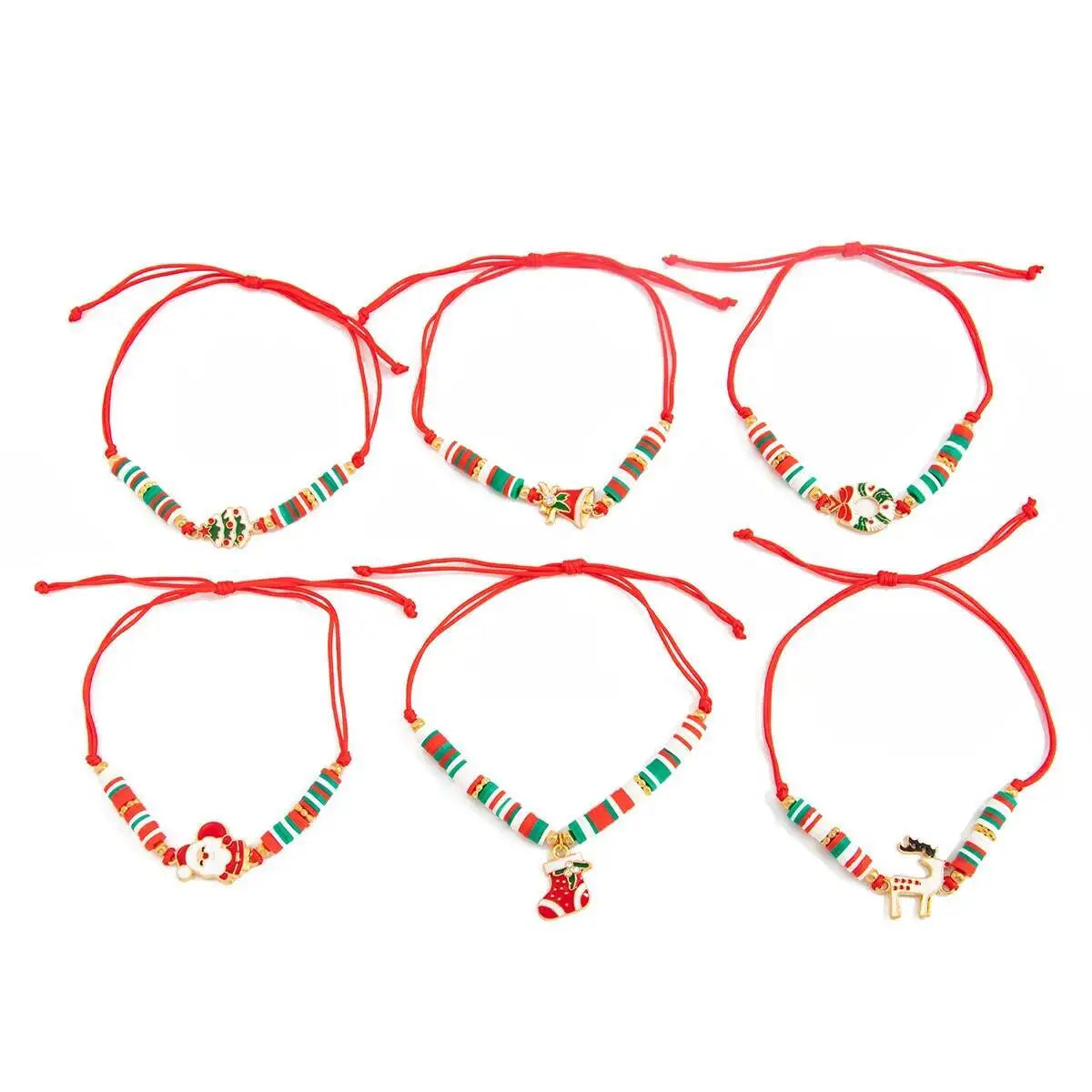 6Pcs/Set Christmas Bracelet for Women Santa Claus Elk Christmas Tree Socks Pendant Bracelet Adjustable Rope Chain Bangle