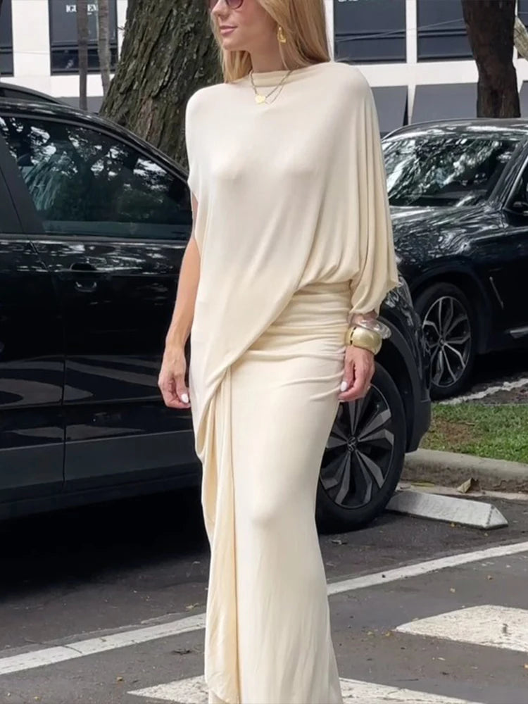 Elegant 2-Piece Set Women a Sleeve Irregular Hem Crop Tops+Folds Elastic Waist Long Skirts Solid Elasticity Fashion Suit