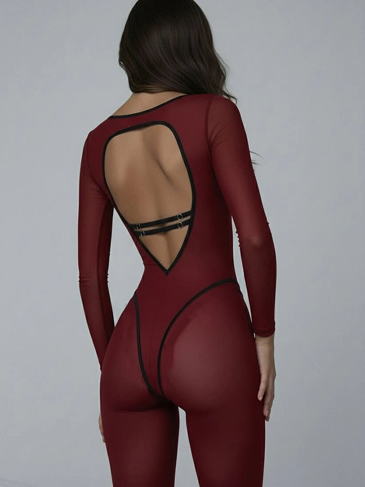 Backless Long Sleeve Sexy Jumpsuit Women Overalls Elegant Square Collar Striped Skinny Sporty Fitness Jumpsuits Ladies