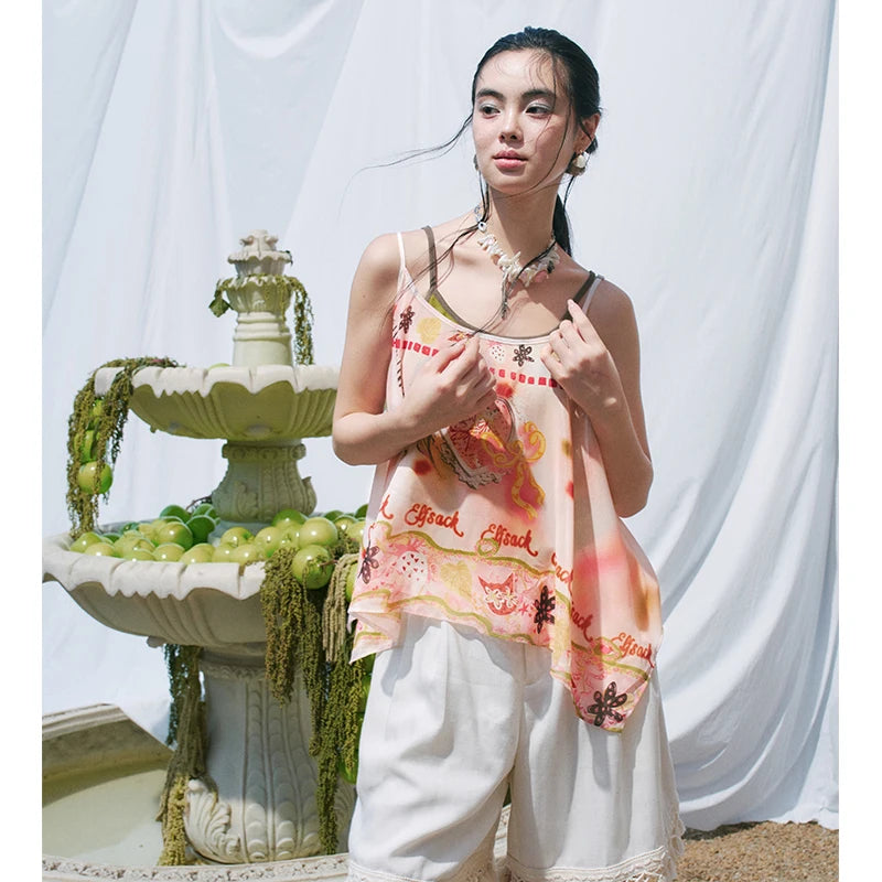 Y2K Graphic Print Chiffon Cami Top with Knit Liner, Tie Strap Sheer Layered Blouse, Irregular Hem Flowy Summer Top