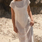 Women's Sequin Long Dress Summer Fashion Short Sleeve Solid Loose Fit Gown with Side Slits Sparkly Sheer Knit Sundress