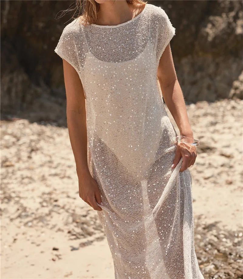 Women's Sequin Long Dress Summer Fashion Short Sleeve Solid Loose Fit Gown with Side Slits Sparkly Sheer Knit Sundress