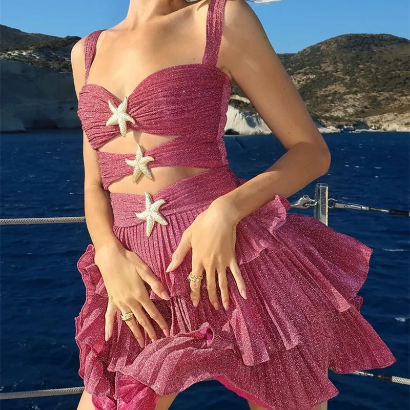 Women Sequin Starfish Mini Dress Spaghetti Strap Cut Out Layered Ruffle Dress Sparkly Y2k Short Cami Dress Party