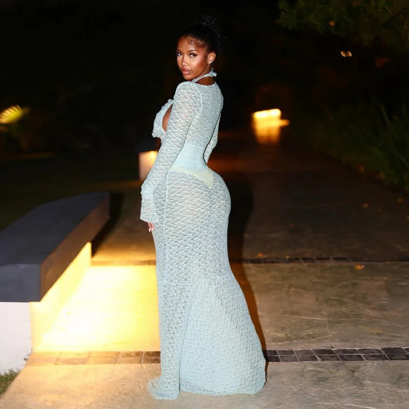 See Through Lace Dress for Woman Elegant Sexy Long Sleeve Maxi Dresses Beach Vacation Outfits
