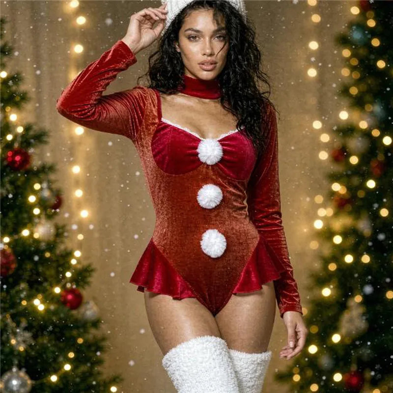 Women Santa Claus Cosplay Outfit Velvet Long Sleeve Backless Bodysuit Pom Pom Decor Ruffle Hem Christmas Party Costume