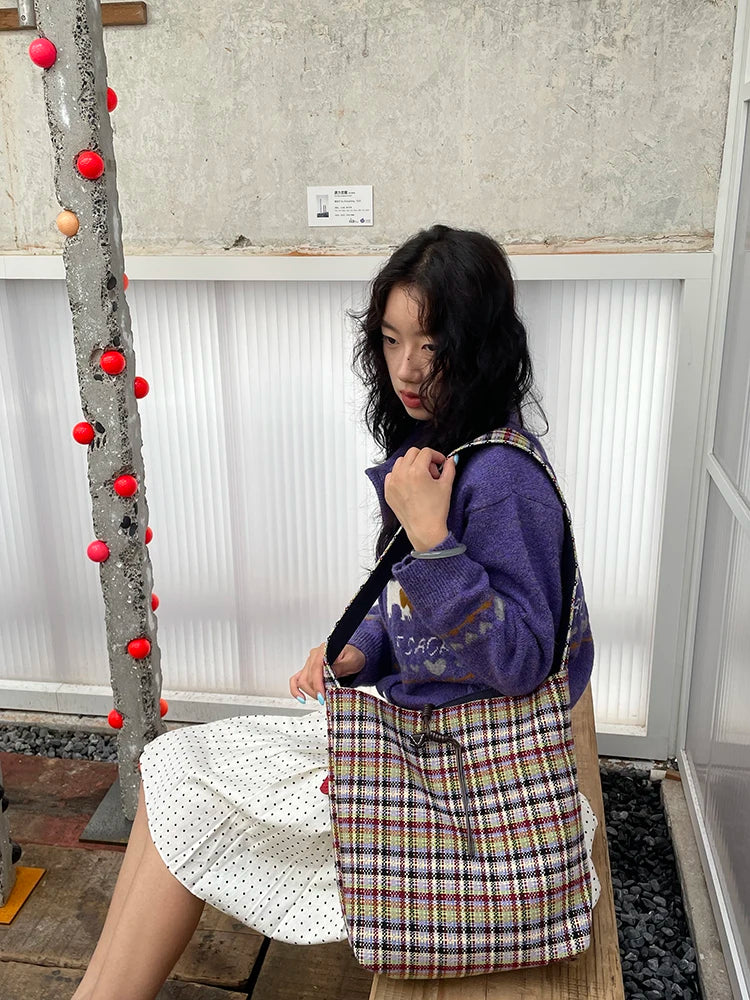 2025 Winter New Arrivals Basic Drawstring Multi Color Checkered Shoulder Bag For Woman