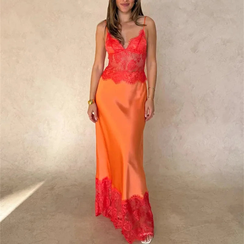 Y2K Sexy Womens Lace Satin Maxi Dress Deep V Backless Slip Dress Coquette Aesthetic Clubwear Party Night Out Formal Gown