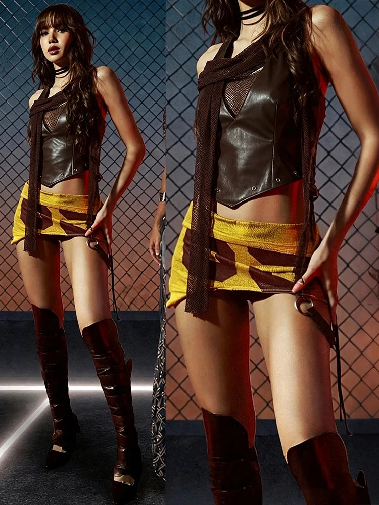 Party Sexy 2Piece Set Women Zip Halter Patchwork Mesh Hollow Vest+Print Metal Ring Tassel Cross Bandage Skirt Summer Suit