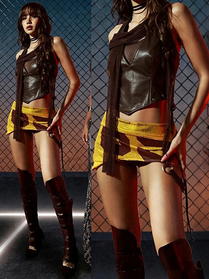 Party Sexy 2Piece Set Women Zip Halter Patchwork Mesh Hollow Vest+Print Metal Ring Tassel Cross Bandage Skirt Summer Suit